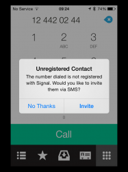 Próba nawiazania połączenia z numerem, który nie jest zarejestrowany w Signale/Redphone