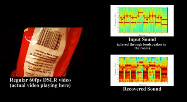 Analizowany fragment opakowania chipsów i wykresy przedstawiające dźwięk oryginalny oraz uzyskany przez algorytm analizy obrazu
