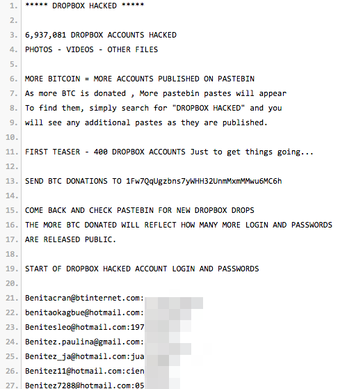Dropbox hacked - wpis na Pastebin