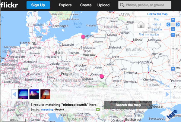 Fotomapa Flickra - pozwala na wyszukiwanie zdjęć z danego czasu, obszaru i o danym opisie. Tu zdjęcia ze słowem "niebezpiecznik" z rejonu "Polska"