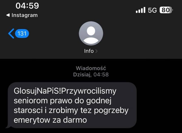 [AKTUALIZACJA #2] Polacy zaspamowani SMS-ami “Głosuj na PiS” z treścią “pogrzeby dla emerytów za darmo”